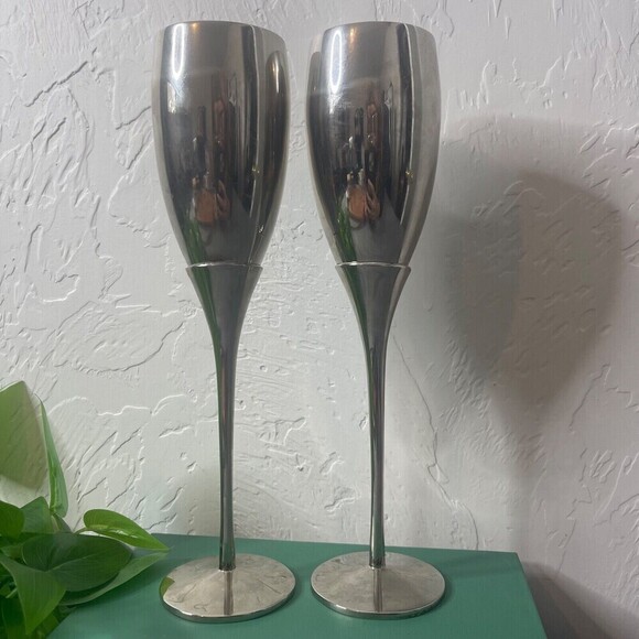 Vintage Silver Plated Long Stem Tulip Goblets Wine Flutes Set Of 2 10 Inch Tall - Picture 1 of 7